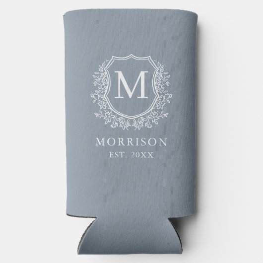Monogram Dusty Blue Crest Botanical Wedding Seltzer Blikjeskoeler (Achterkant)