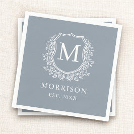Monogram Dusty Blue Crest Botanical Wedding Servet
