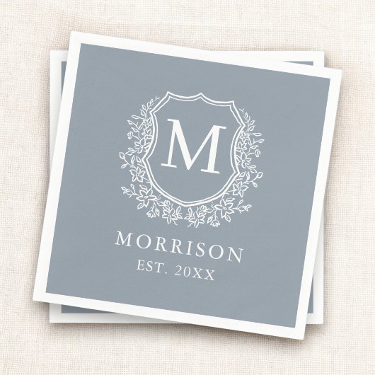 Monogram Dusty Blue Crest Botanical Wedding Servet