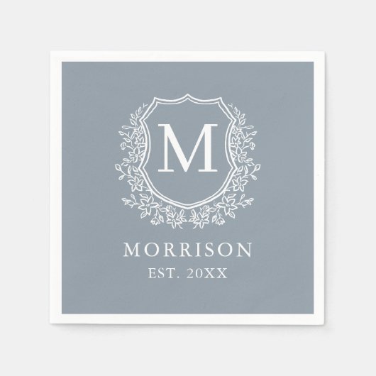Monogram Dusty Blue Crest Botanical Wedding Servet (Voorkant)