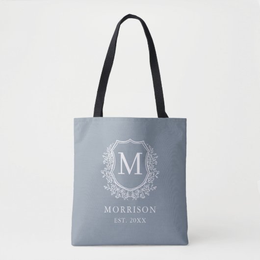 Monogram Dusty Blue Crest Botanical Wedding Tote Bag (Voorkant)