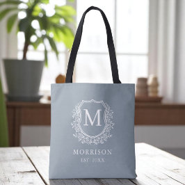 Monogram Dusty Blue Crest Botanical Wedding Tote Bag