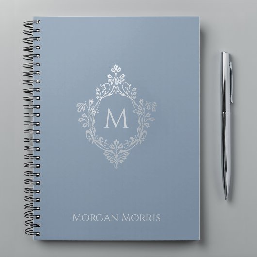 Monogram Dusty Blue Elegant  Crest en Naam Notitieboek
