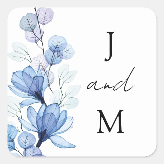 Monogram Dusty Blue Floral Wedding Favoriet Vierkante Sticker (Voorkant)