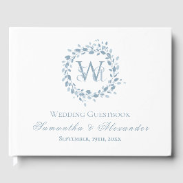 Monogram Dusty Blue Floral Wreath Wedding Gastenboek