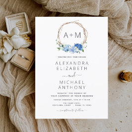 Monogram Dusty Blue Floral Wreath Wedding Invitati Kaart