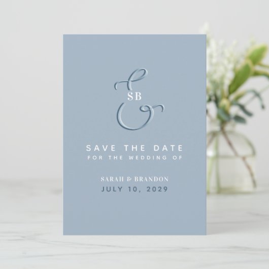 Monogram Dusty Blue Photo Wedding Save The Date (Staand voorkant)