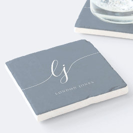 Monogram Dusty Navy Blauw Wit Eenvoudig Elegant Stenen Onderzetter