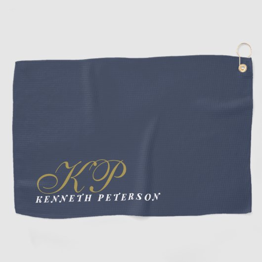 Monogram Dusty Navy Blue Gold White Name Chic Men  Golfhanddoek (Horizontaal)