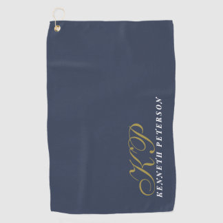 Monogram Dusty Navy Blue Gold White Name Chic Men  Golfhanddoek