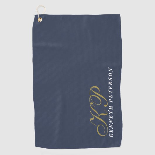 Monogram Dusty Navy Blue Gold White Name Chic Men  Golfhanddoek (Voorkant)