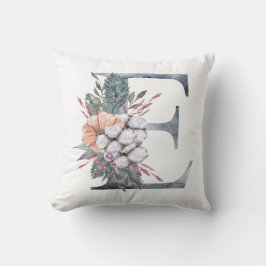 Monogram E Bloemenaquarel Blauw Perzik Roze  Kussen