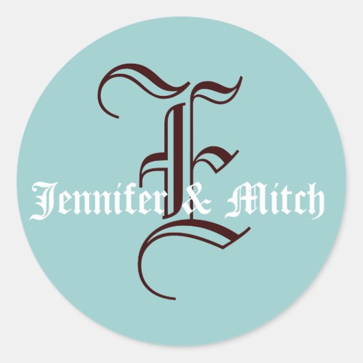 Monogram E Bruiloft Aqua & Espresso Favor Seal Ronde Sticker (Voorkant)