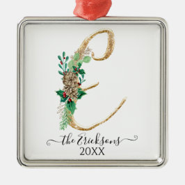 Monogram E Familie Holly Kerstmis Glitter Metalen Ornament
