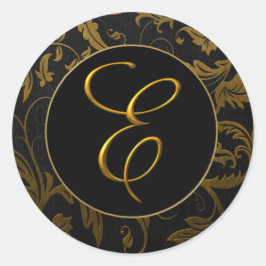 Monogram E Goud en Zwart Damast Bruiloft Seal Ronde Sticker