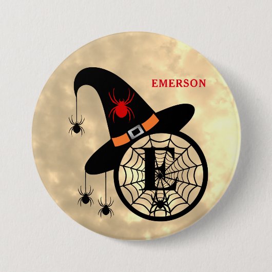 Monogram E Halloween Sky Witch Spiders Name Button (Voorkant)