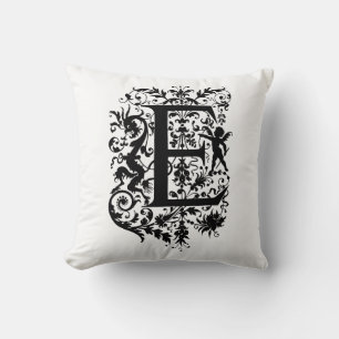 Monogram E Initiaal Zwart en Wit Bloemmotief Kussen