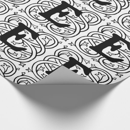 Monogram E Initiaal zwart-wit Scroll Patroon Cadeaupapier (Hoek)
