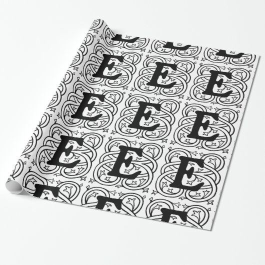 Monogram E Initiaal zwart-wit Scroll Patroon Cadeaupapier (Uitgerold)