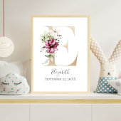 Monogram E Roze witte Floral Gold Letter Neursery Poster