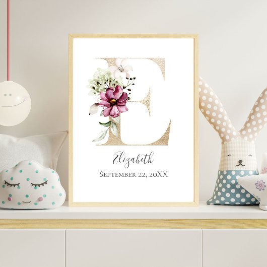 Monogram E Roze witte Floral Gold Letter Neursery Poster