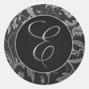 Monogram E Zilver en Zwart Damast Bruiloft Seal Ronde Sticker