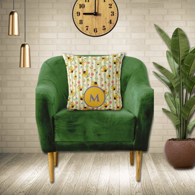 Monogram Echinacea Vlinder Bloemmotief  Kussen (Monogram Coneflower Butterfly Floral Patterned Throw Pillow)