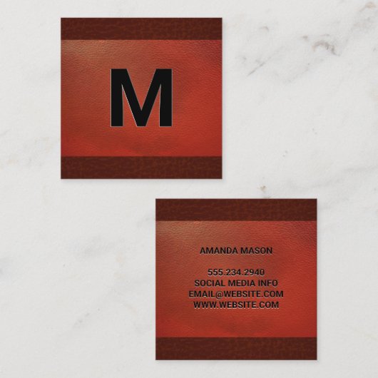 Monogram | Echtheek van rood leder Vierkante Visitekaartje (Voorkant / Achterkant)