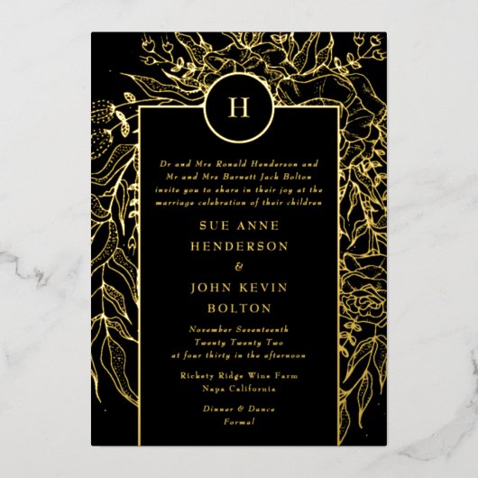 Monogram Editable Black Tuxedo Gold Wreath Wedding Folie Uitnodiging (Voorkant)