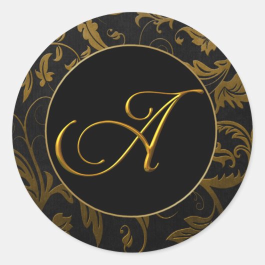 Monogram Een Gouden en Zwarte Damast Huwelijkszege Ronde Sticker (Voorkant)