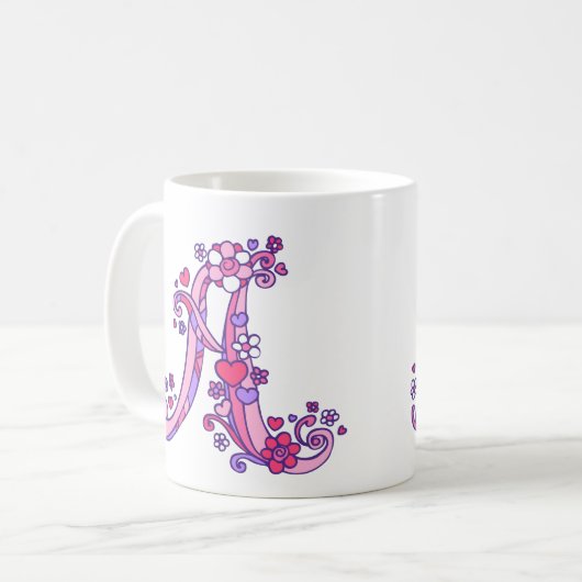 Monogram Een hart en bloemen roze paarse mok (Voorkant links)