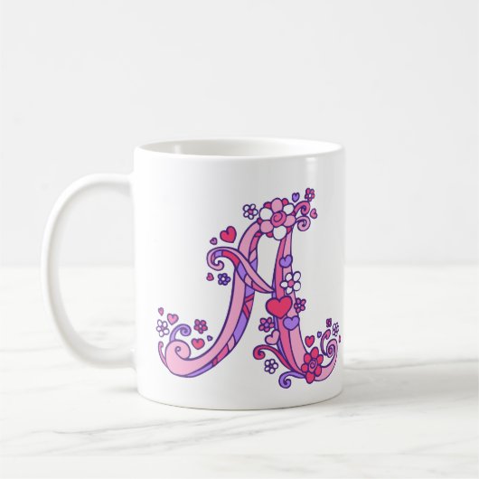 Monogram Een hart en bloemen roze paarse mok (Links)
