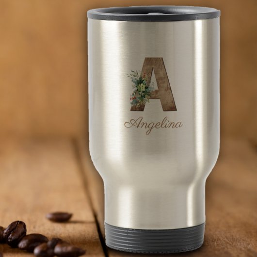 Monogram Een houten letter rode bloem Reisbeker