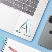 Monogram Een Initiaal Die Cut Sticker Blauw Damask (Laptop met iPhone)