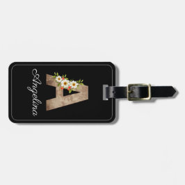 Monogram Een zwart houten letter bloem Bagagelabel