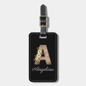 Monogram Een zwart houten letter bloem Bagagelabel (Voorkant verticaal)