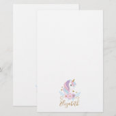 Monogram Eenhoorn Roze Blauw Goud, Girly Briefpapier (Voorkant / Achterkant)