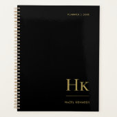 Monogram Eenvoudig Elegant Zwart Goud Gepersonalis Planner (Voorkant)