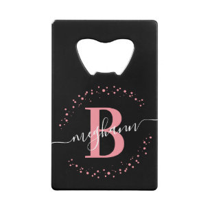 Monogram eenvoudig Girly Pink Zwarte Naam Creditkaart Flessenopener