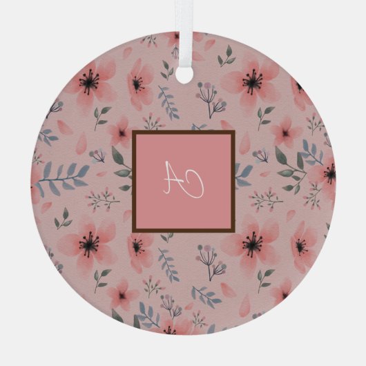 Monogram Eenvoudig Schattige Roze Bloem Boho Glas Ornament (Achterkant)