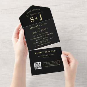 Monogram Eenvoudig Zwart Goud QR Code Bruiloft All In One Uitnodiging