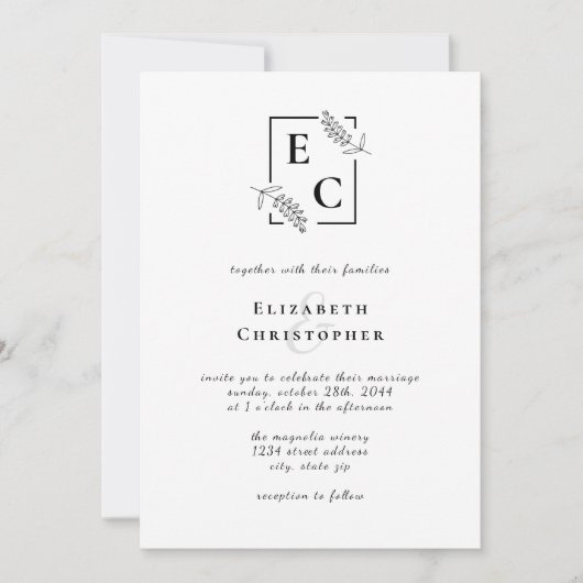 Monogram Eenvoudige Chique Zwart Wit Botanische Br Kaart (Voorkant)