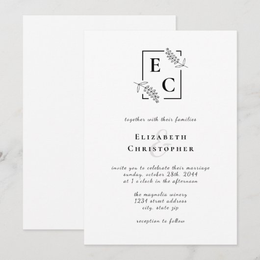 Monogram Eenvoudige Chique Zwart Wit Botanische Br Kaart (Voorkant / Achterkant)