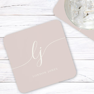Monogram Eenvoudige Elegante Kalligrafie Roos Roze Bier Onderzetter