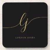 Monogram eenvoudige elegante kalligrafie zwart gou bier onderzetter (Voorkant)