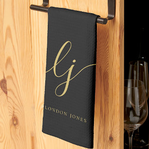 Monogram eenvoudige elegante kalligrafie zwart gou theedoek