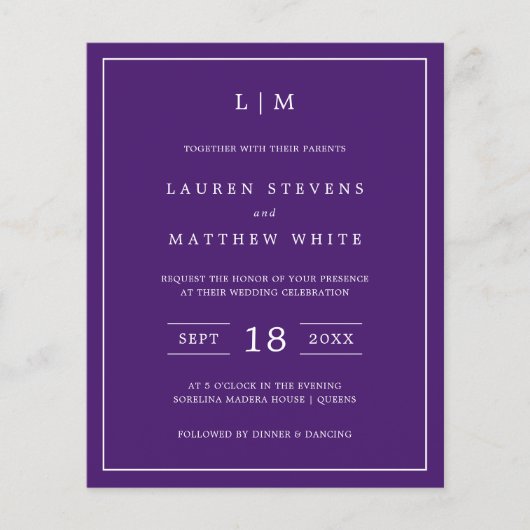 Monogram Eenvoudige Paarse uitnodiging tot weduwsc (Voorkant)