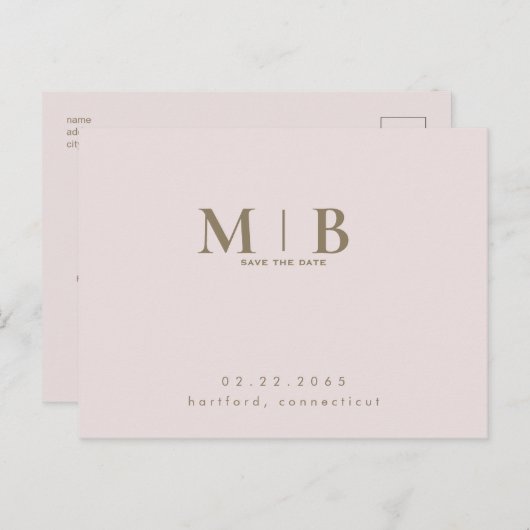 Monogram Eenvoudige Slanke Blush Bewaar de Datum Briefkaart (Voorkant / Achterkant)