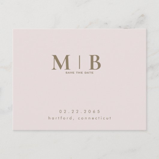 Monogram Eenvoudige Slanke Blush Bewaar de Datum Briefkaart (Voorkant)