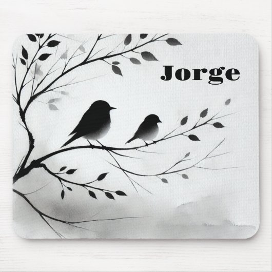 Monogram Eenvoudige Zwart-Witte Vogels in Bomen | Muismat (Voorkant)